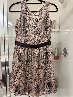 Snake Print Sleeveless Skater Dress with Black Waistband